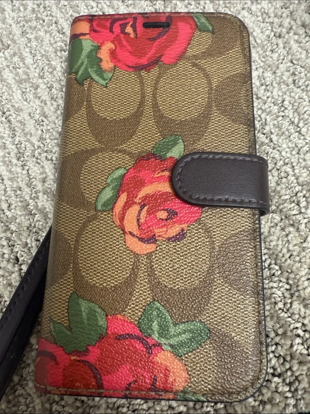 Coach Brown Signature Floral Phone Wallet with Red and Orange Roses X/XS